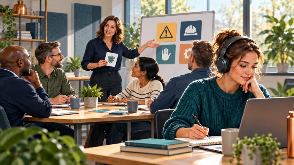 Illustration of facilitated workplace training and independent online learning