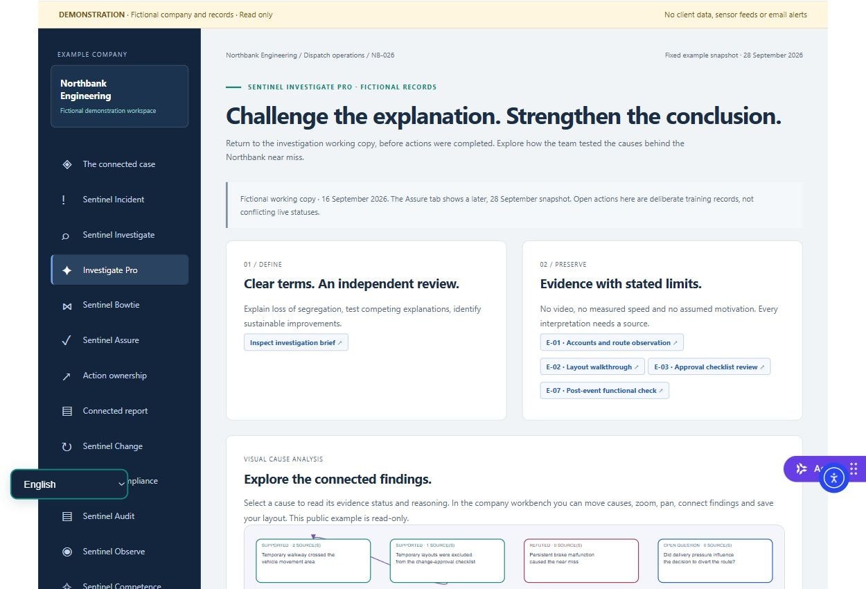 Sentinel Investigate Pro demonstration showing an investigation brief, evidence references and connected findings